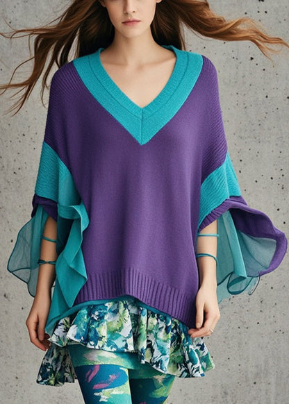 Diy Dull Purple V Neck Patchwork Tulle Sweater Fall