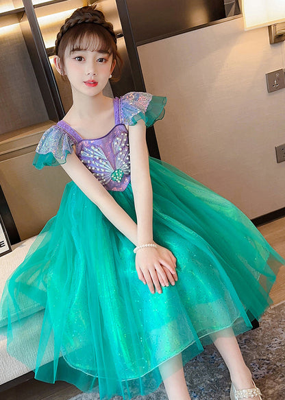 Diy Fluorescent Green Sequins Patchwork Tulle Baby Party Dress Summer