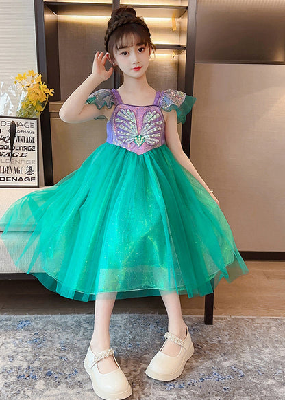 Diy Fluorescent Green Sequins Patchwork Tulle Baby Party Dress Summer