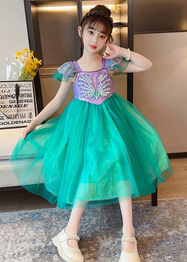 Diy Fluorescent Green Sequins Patchwork Tulle Baby Party Dress Summer