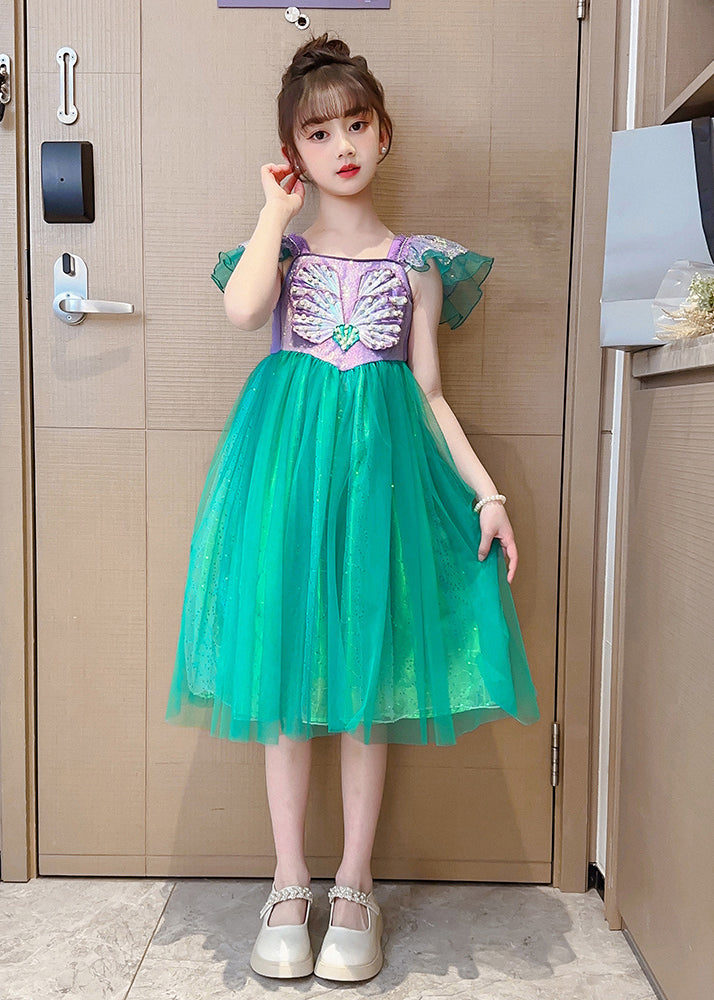 Diy Fluorescent Green Sequins Patchwork Tulle Baby Party Dress Summer