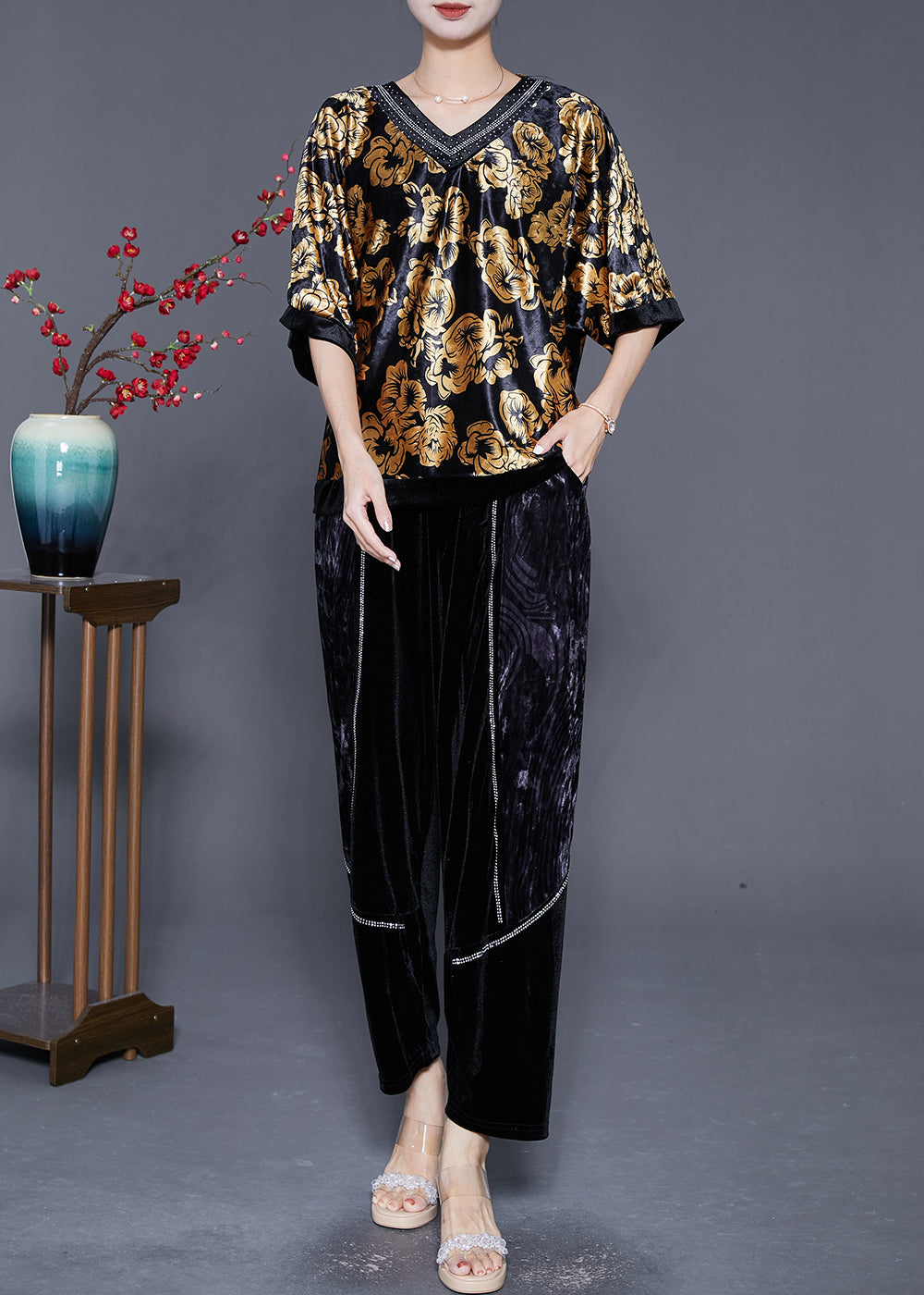 Diy Golden Oversized Zircon Silk Velour Two Pieces Set Summer