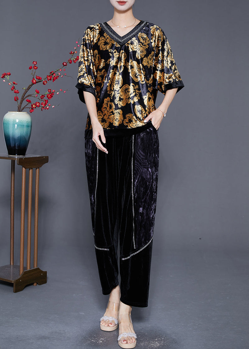 Diy Golden Oversized Zircon Silk Velour Two Pieces Set Summer