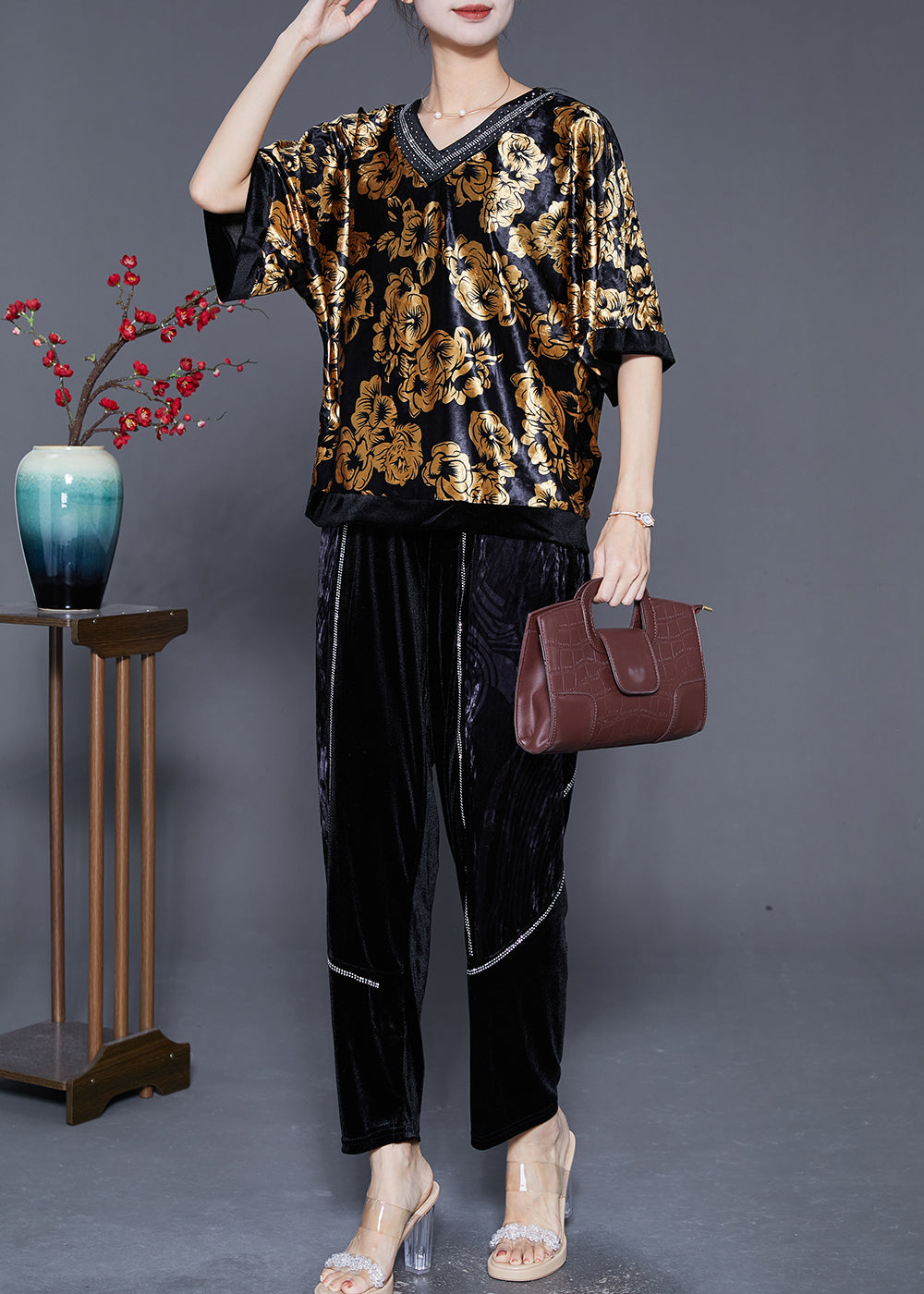 Diy Golden Oversized Zircon Silk Velour Two Pieces Set Summer