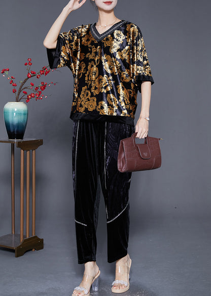 Diy Golden Oversized Zircon Silk Velour Two Pieces Set Summer