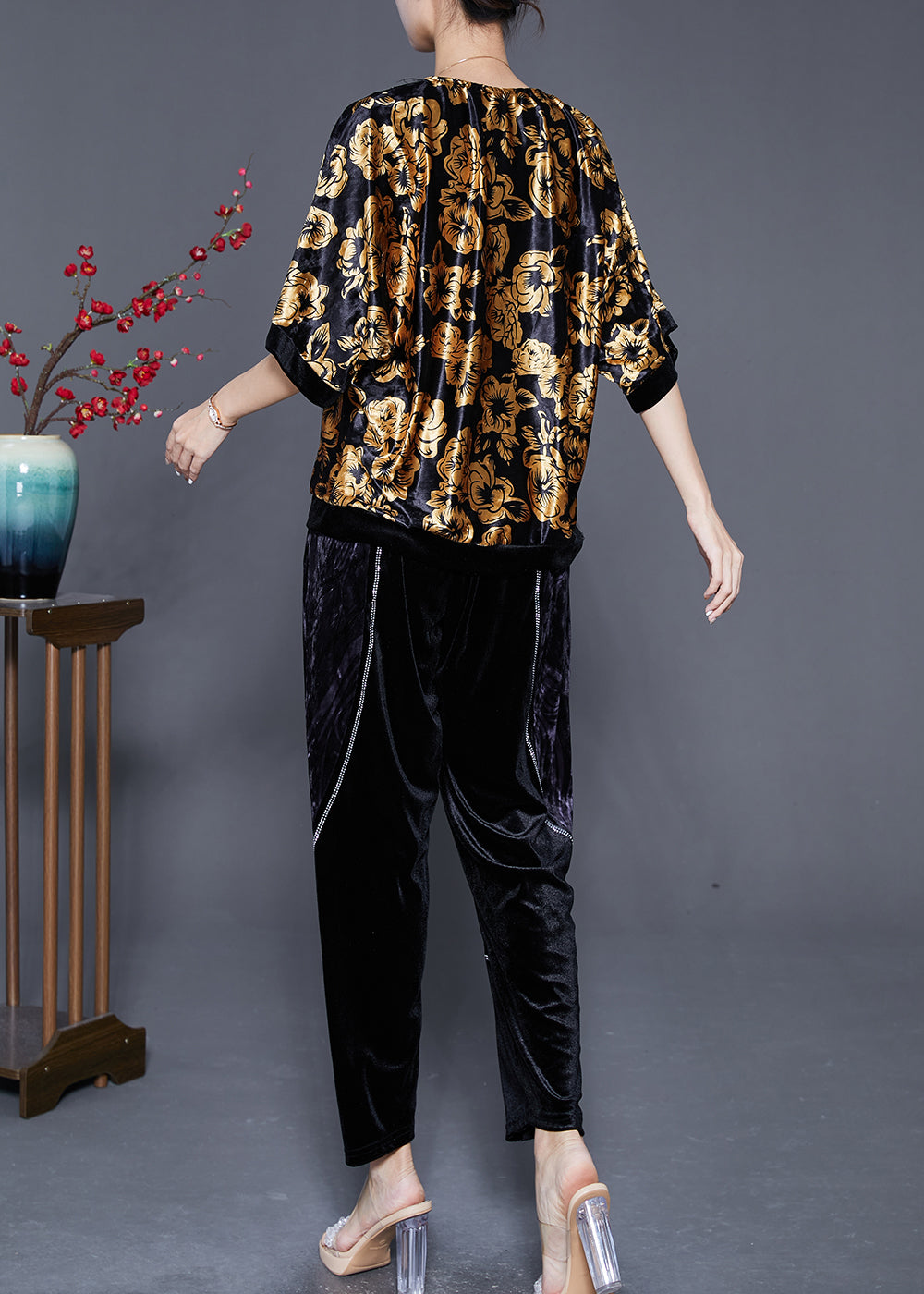 Diy Golden Oversized Zircon Silk Velour Two Pieces Set Summer