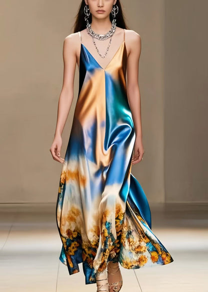 Diy Gradient Color Print Silk Spaghetti Strap Dress Summer