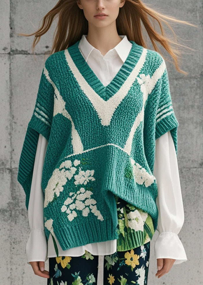 Diy Green Asymmetrical Jacquard Knitted Tops Short Sleeve