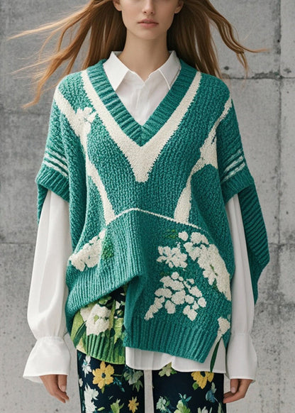 Diy Green Asymmetrical Jacquard Knitted Tops Short Sleeve