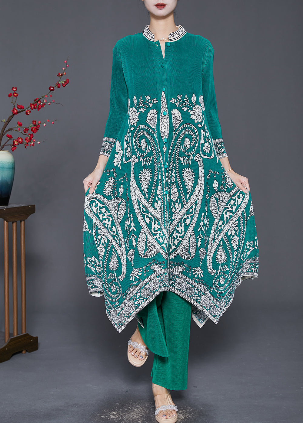 Diy Green Asymmetrical Print Silk Dress and Pant Two Pieces Set Fall