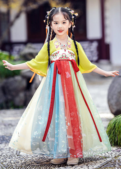 Diy Green Embroideried Patchwork Tie Waist Tulle Kids Long Dresses Short Sleeve