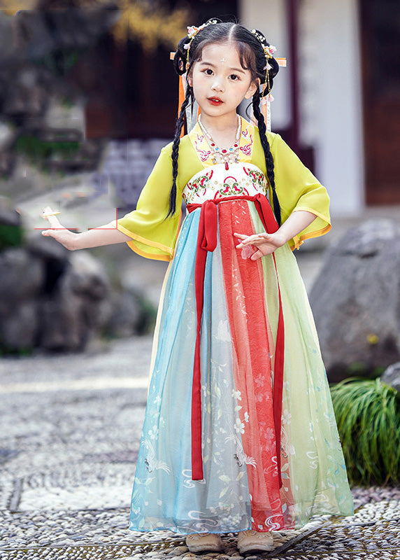Diy Green Embroideried Patchwork Tie Waist Tulle Kids Long Dresses Short Sleeve