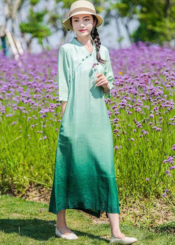 Diy Green Gradient Button Patchwork Linen Dresses Bracelet Sleeve