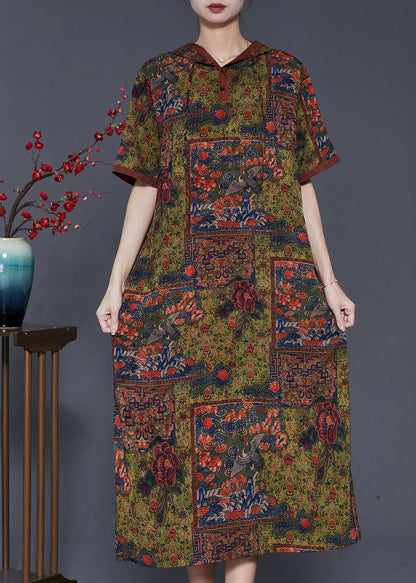 Diy Green Hooded Print Silk Dresses Summer