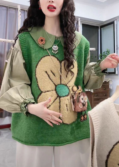Diy Green O-neck Print Cotton Knit Waistcoat Fall