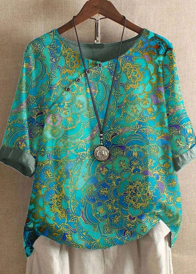 Diy Green O Neck Print Patchwork Cotton T Shirts Tops Summer