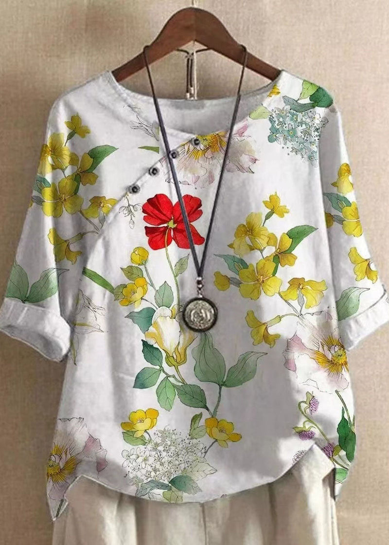 Diy Green O Neck Print Patchwork Cotton T Shirts Tops Summer