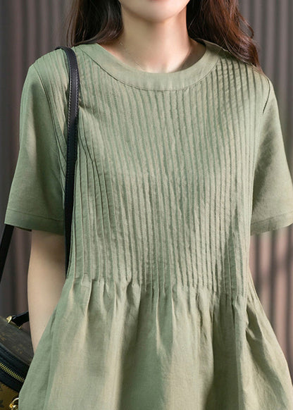 Diy Green O-neck Wrinkled Linen Maxi Dress Short Sleeve