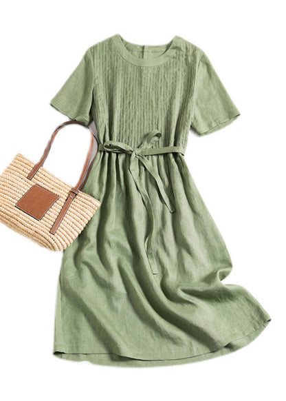 Diy Green O-neck Wrinkled Linen Maxi Dress Short Sleeve