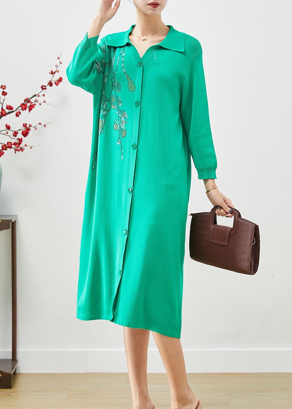 Diy Green Oversized Hot Fixrhinestone Knit Mid Dress Fall