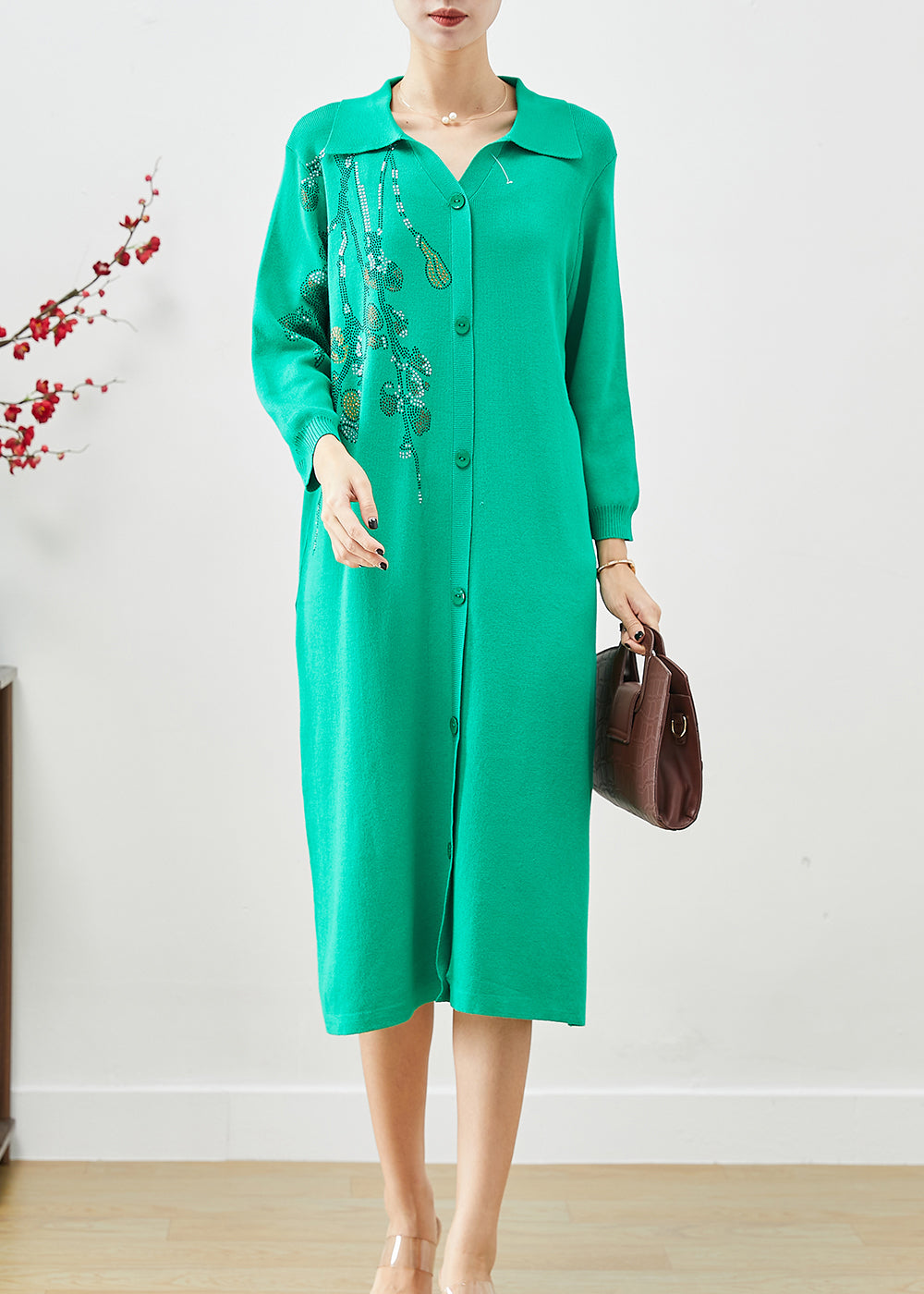 Diy Green Oversized Hot Fixrhinestone Knit Mid Dress Fall