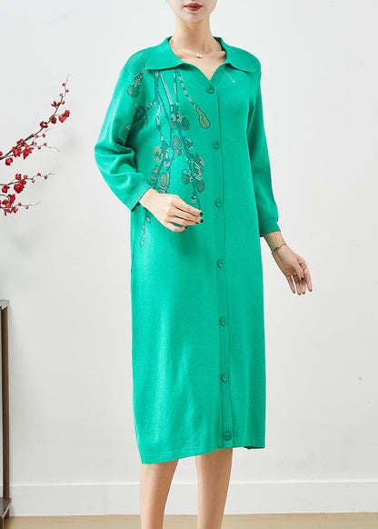 Diy Green Oversized Hot Fixrhinestone Knit Mid Dress Fall