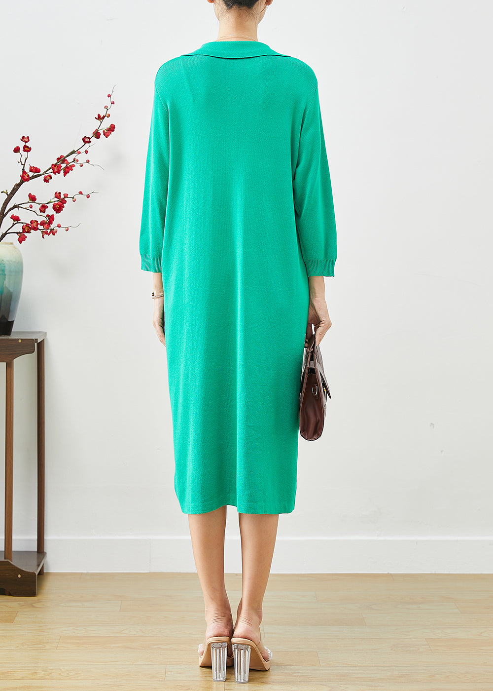 Diy Green Oversized Hot Fixrhinestone Knit Mid Dress Fall