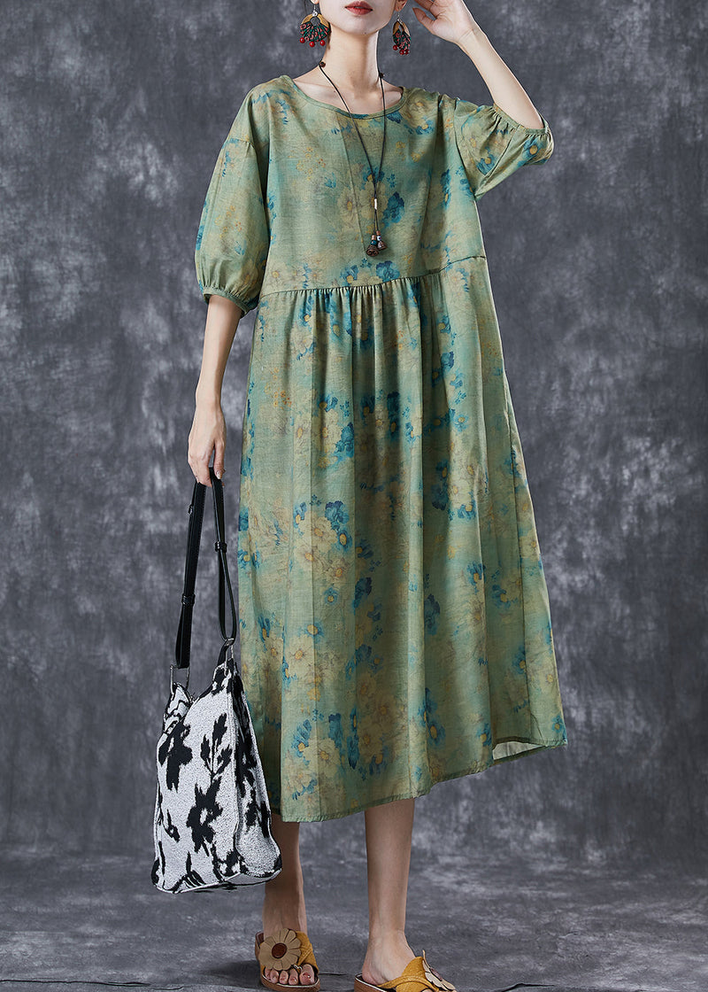 Diy Green Oversized Print Linen Vacation Dress Lantern Sleeve