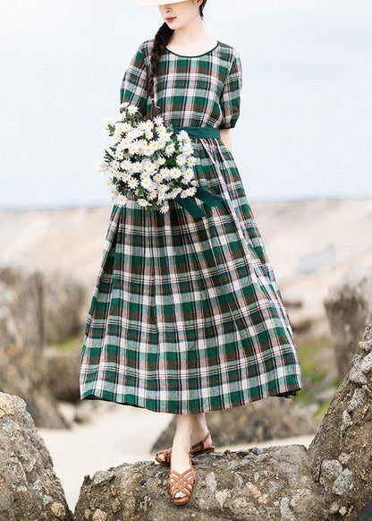 Diy Green Plaid Cinched Pockets Robe Summer Linen Dress