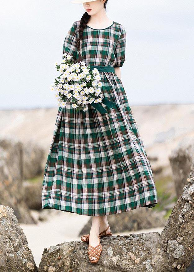 Diy Green Plaid Cinched Pockets Robe Summer Linen Dress