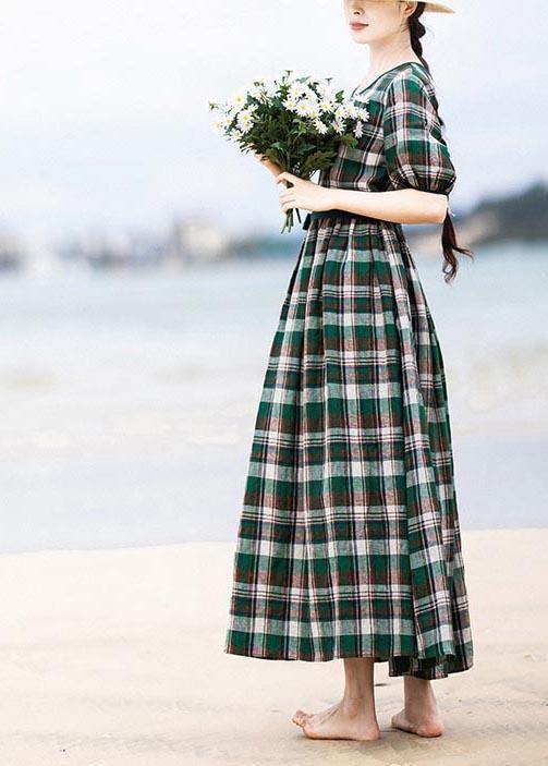 Diy Green Plaid Cinched Pockets Robe Summer Linen Dress