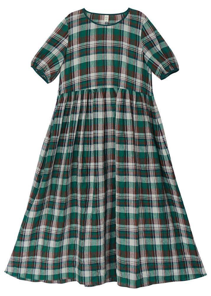 Diy Green Plaid Cinched Pockets Robe Summer Linen Dress