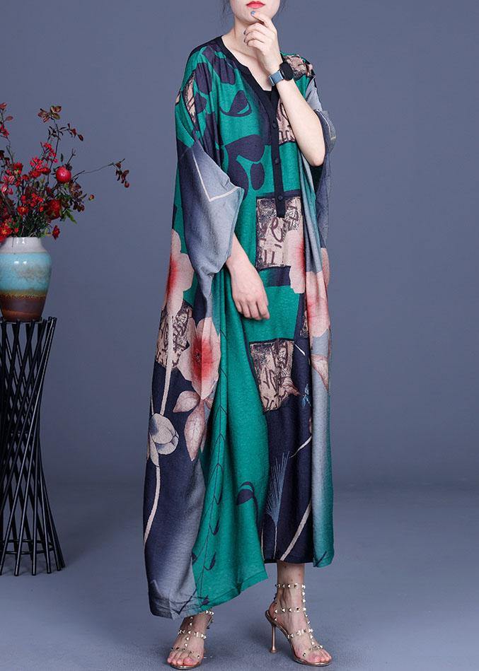 Diy Green Print Button V Neck Chiffon Dress Summer