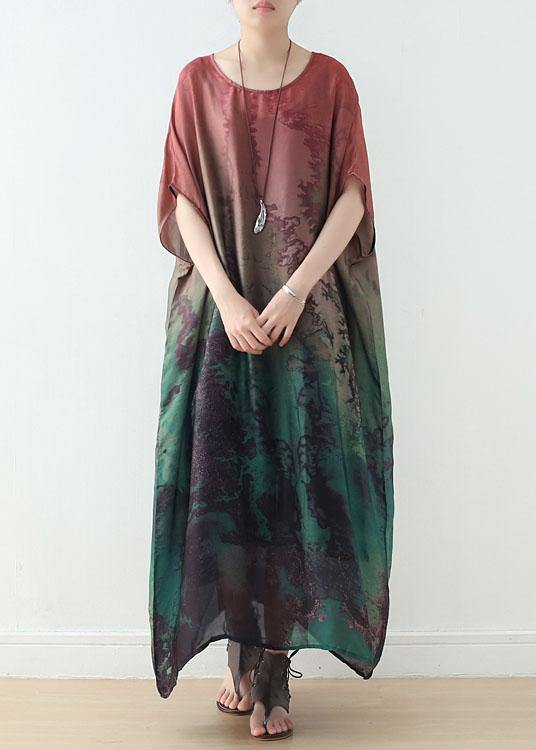 Diy Green Print Chiffon Batwing Sleeve Summer Long Dresses