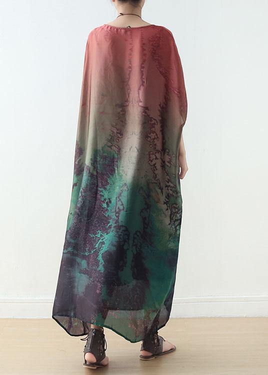 Diy Green Print Chiffon Batwing Sleeve Summer Long Dresses