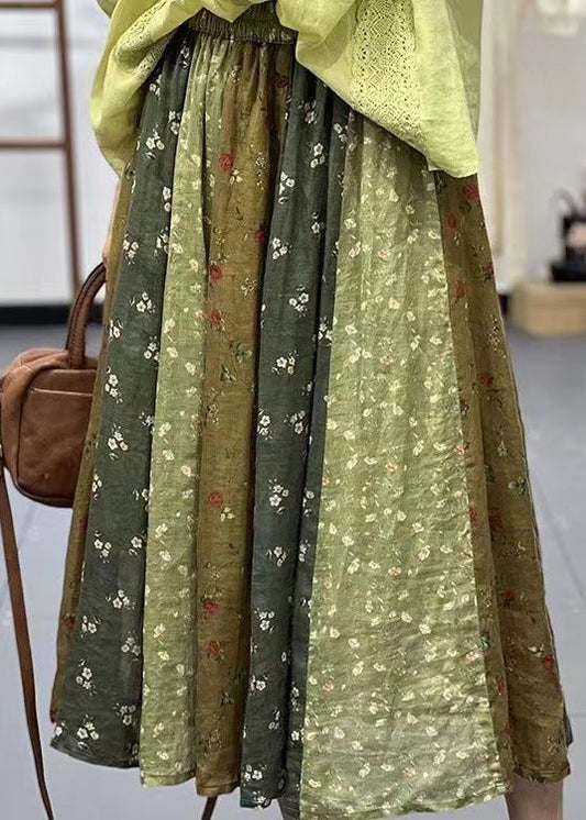 Diy Green Print Wrinkled Elastic Waist Linen Skirt Spring
