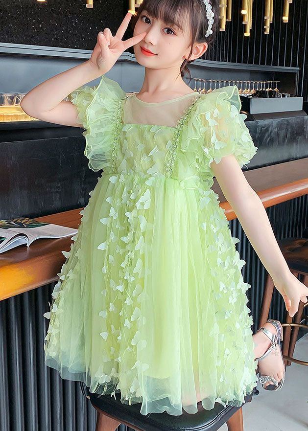 Diy Green Ruffled Butterfly Patchwork Tulle Kids Mid Dress Summer