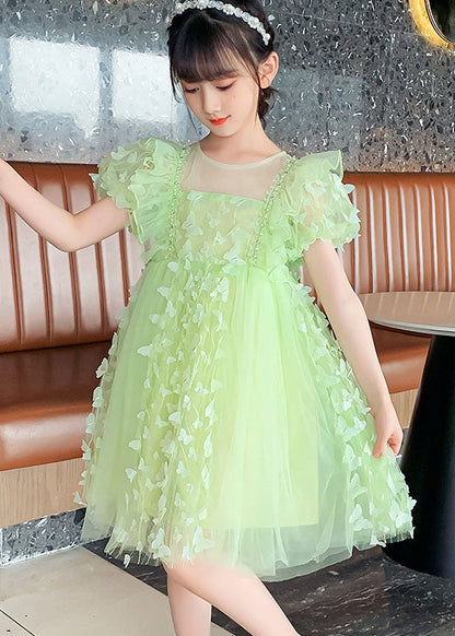 Diy Green Ruffled Butterfly Patchwork Tulle Kids Mid Dress Summer