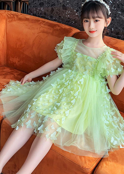 Diy Green Ruffled Butterfly Patchwork Tulle Kids Mid Dress Summer