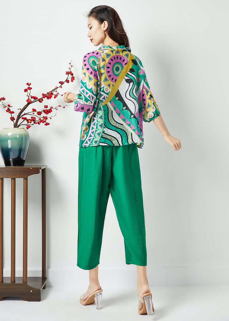 Diy Green Ruffled Collar Print Cotton Two Pieces Set Bracelet Sleeve