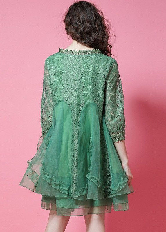 Diy Green Ruffled Patchwork Organza Lace Short Dress Bracelet Sleeve