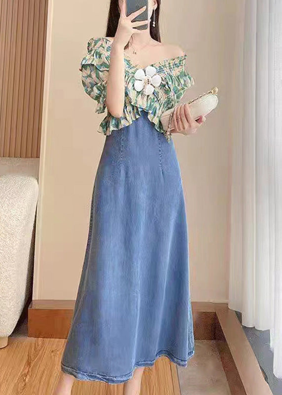 Diy Green Slash Neck Print Patchwork Denim Long Dress Short Sleeve