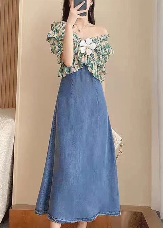 Diy Green Slash Neck Print Patchwork Denim Long Dress Short Sleeve