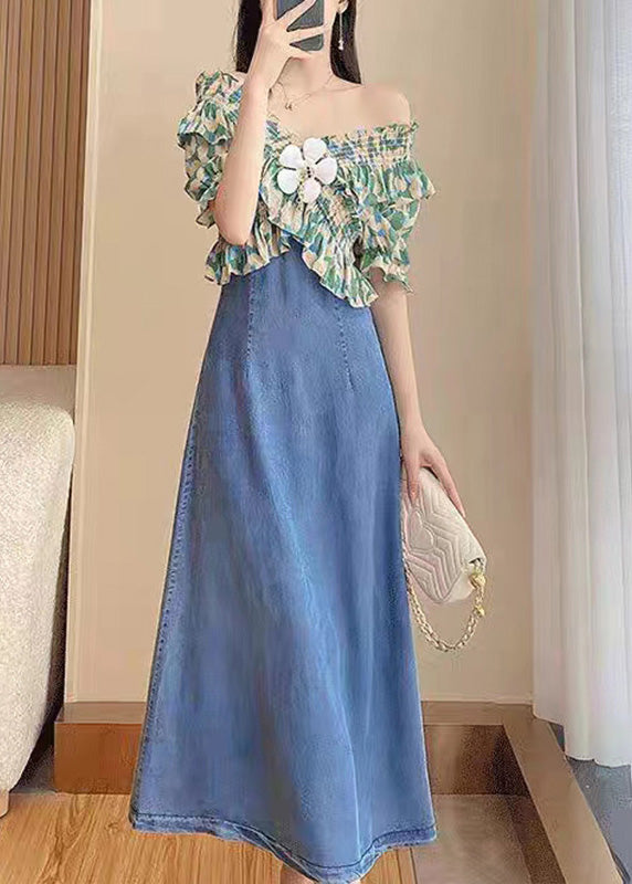 Diy Green Slash Neck Print Patchwork Denim Long Dress Short Sleeve