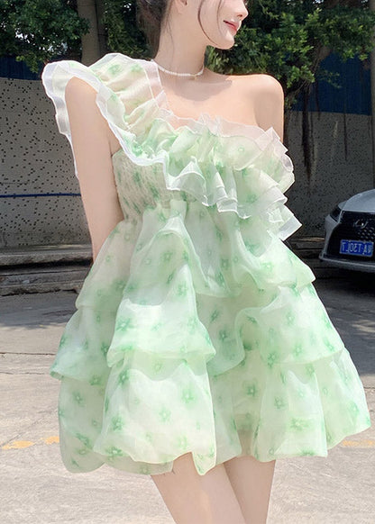 Diy Green Slash Neck Print Tulle Mid Dress Summer