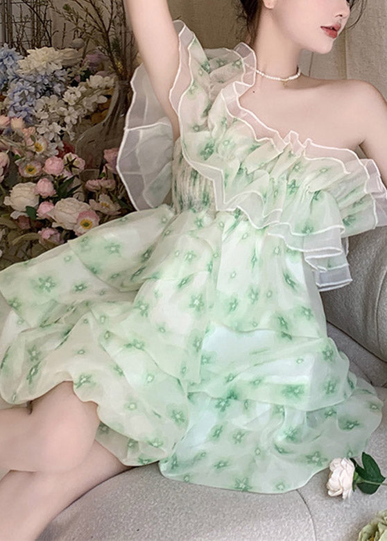 Diy Green Slash Neck Print Tulle Mid Dress Summer