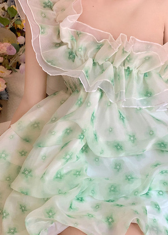 Diy Green Slash Neck Print Tulle Mid Dress Summer