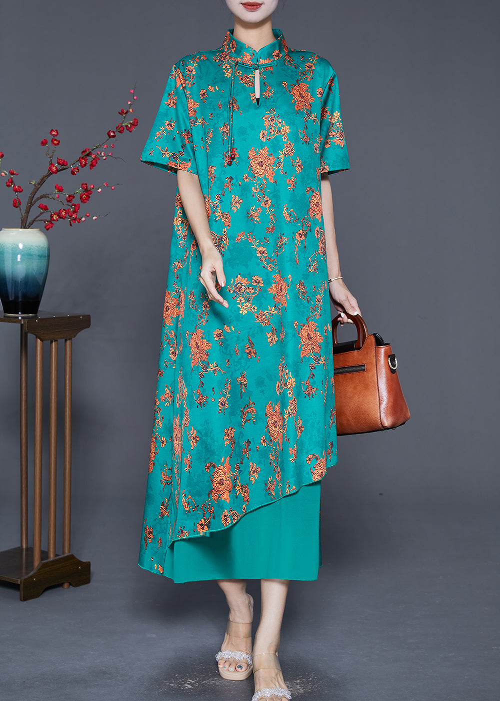 Diy Green Tasseled Print Silk Long Dress Summer
