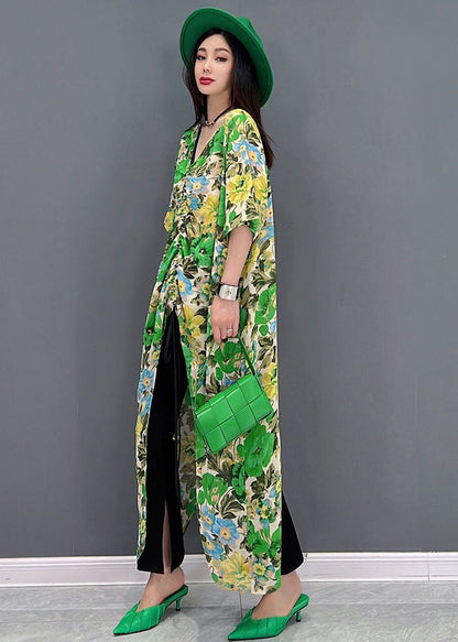 Diy Green V Neck Patchwork Print Wrinkled Long Dress Short Sleeve