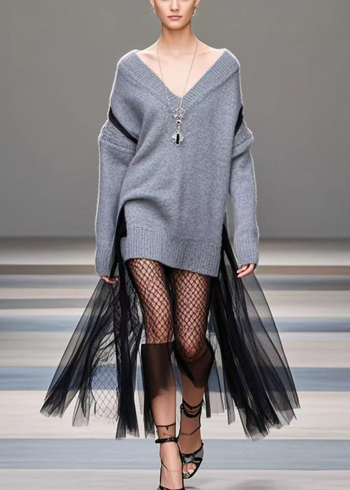 Diy Grey Oversized Patchwork Tulle Warm Sweater Dress Winter